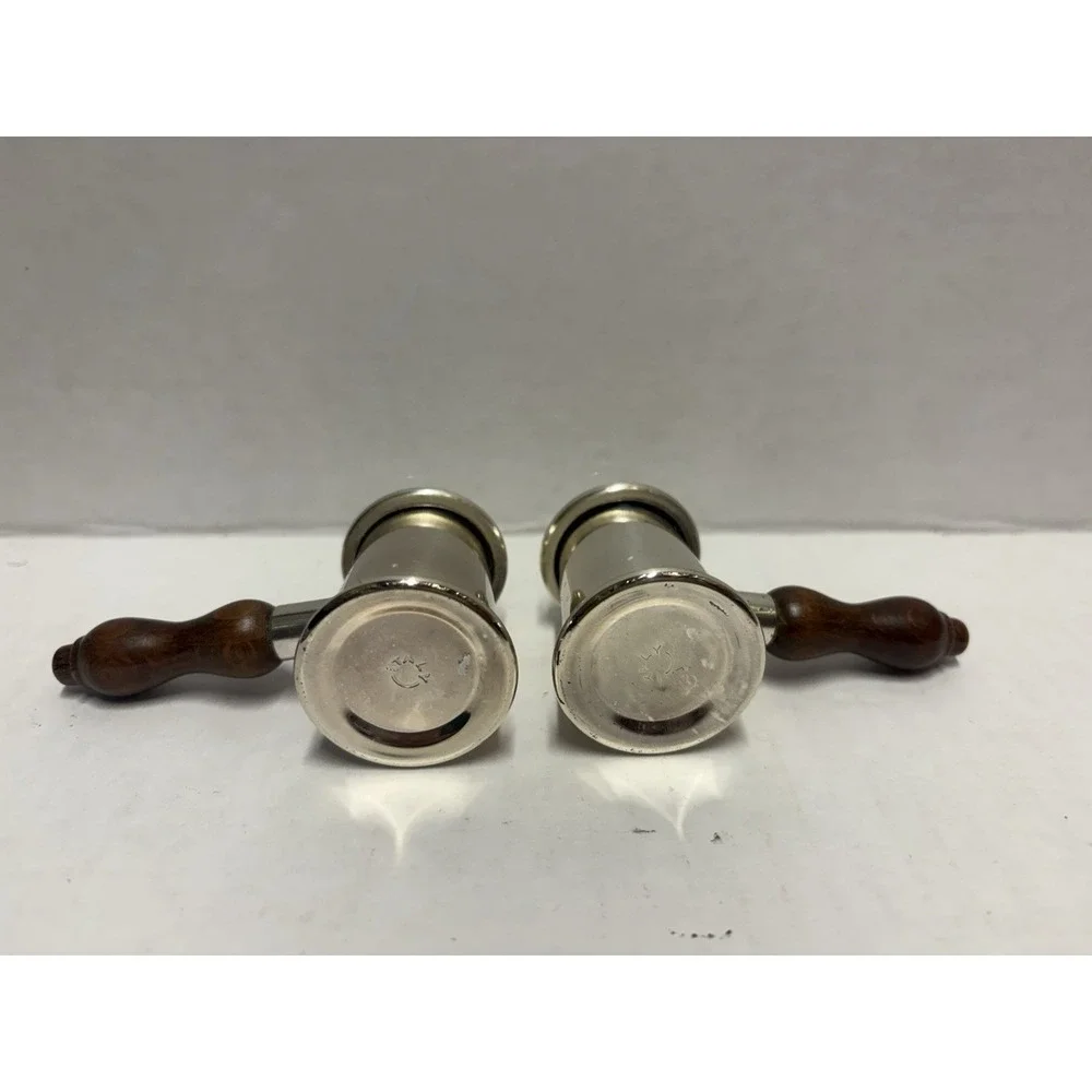 Silver plated Salt & Pepper Shaker‎ Hammer shape small vintage wood handles